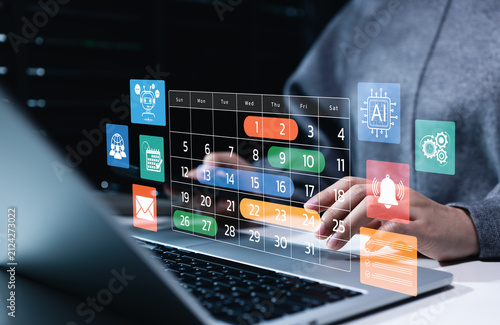 AI Scheduling Calendar and Workflow Automation System Concept. Person using digital planner, task reminder, chatbot assistant, automation tools, workflow planning, smart productivity management system