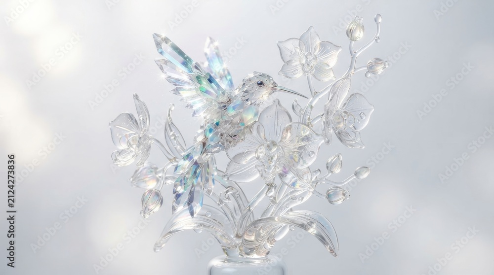 Fototapeta premium Crystal hummingbird figurine with glass flowers