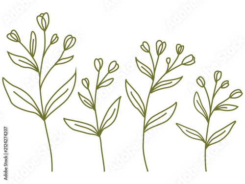 Minimalist Botanical Wildflower Line Art Vector Set with Leaves and Floral Stems Isolated on White Background