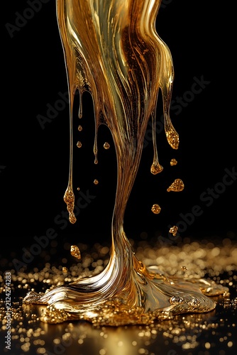 Liquid gold flows onto a dark surface.
