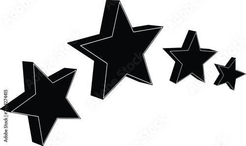 Four bold black 3D stars floating in a dynamic arc on a clean white background, symbolizing excellence and top quality.