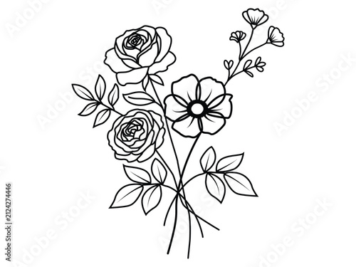 Minimal Rose and Wildflower Line Art Vector, Hand-Drawn Botanical Floral Bouquet Outline, Elegant Continuous Line Flower Illustration