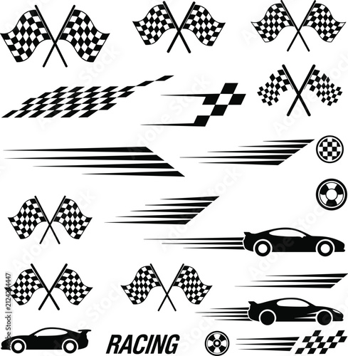 Professional black racing icons set featuring checkered flags and speeding sports car silhouettes on plain white background.