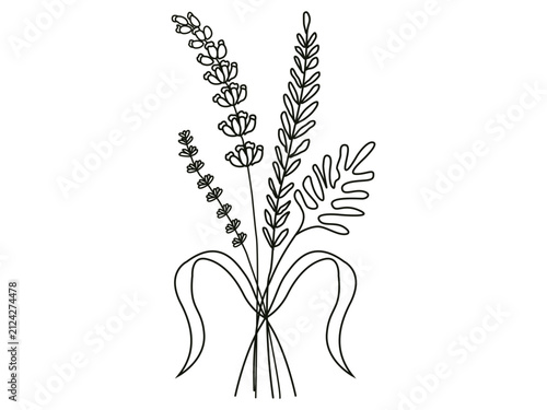 Minimal Botanical Wildflower Line Art Vector, Hand-Drawn Floral Bouquet Outline, Elegant Continuous Line Flower Illustration Isolated on White Background
