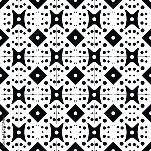 Sophisticated black and white seamless geometric pattern with circles and squares creates a rhythmic and modern visual mood.