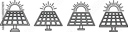 Minimalist solar panel icons capturing bright sun rays to promote clean energy and hopeful sustainability in an eco-friendly setting