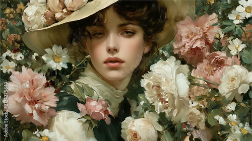 Romantic Woman in Straw Hat Among Blooming Flowers