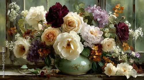 Vintage Rose Bouquet Still Life in a Green Vase