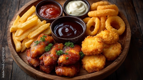 Appetizer platter features fried snacks and dips.