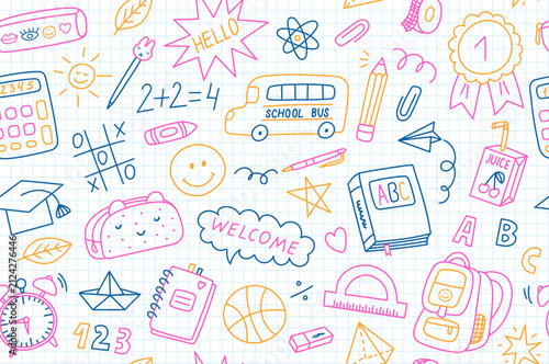 Hand drawn colorful back to school doodle seamless pattern, vector