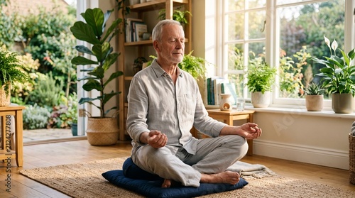 Elderly man meditating peacefully in a sunlit room surrounded by plants