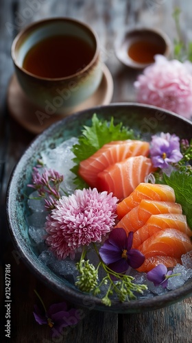 Sashimi is served in a dark ceramic bowl.