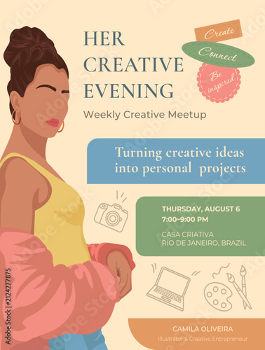 creative, woman, creativity, inspiration, artistic, entrepreneur, networking, vector, illustration, designer, artist, female, portrait, meetup, business, freelancer, community, workshop, event, entrep