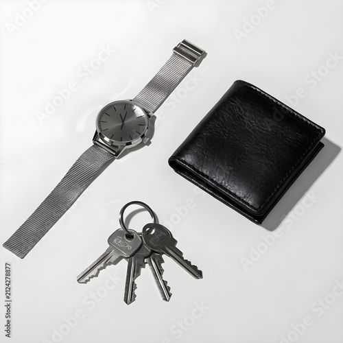 Silver mesh watch, black leather wallet, and keys on white surface