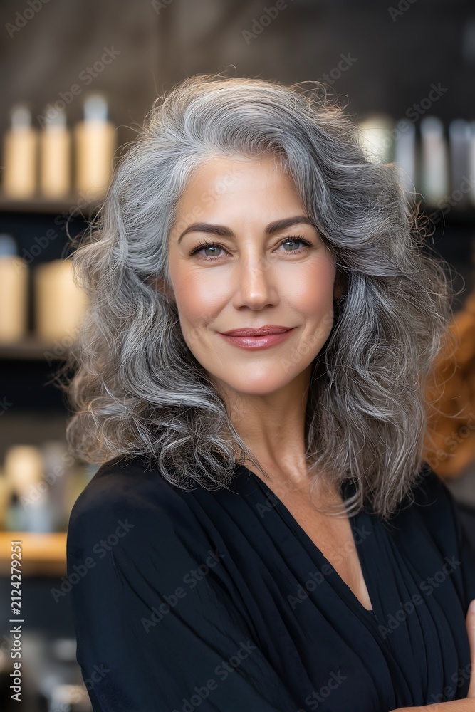 Fototapeta premium Woman with silver hair smiles at the camera.