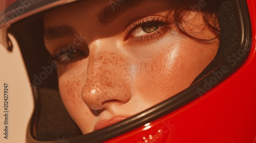 Racer wears a protective red helmet safely.