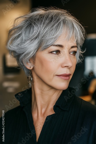 Woman with short grey hair looks away.
