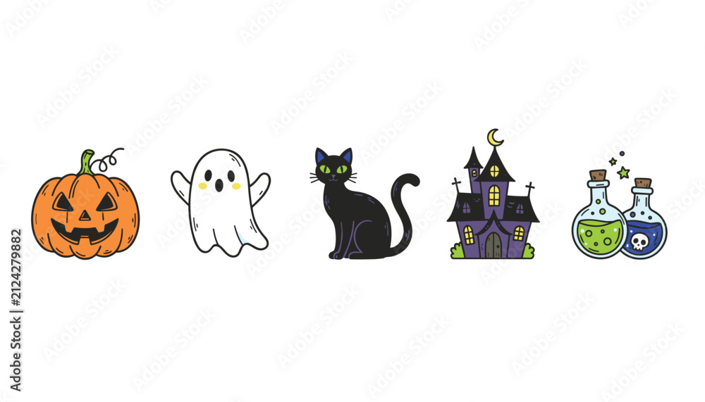 Fototapeta premium Row of classic colorful halloween icons featuring a jack o lantern, friendly ghost, black cat, haunted house, and potions.