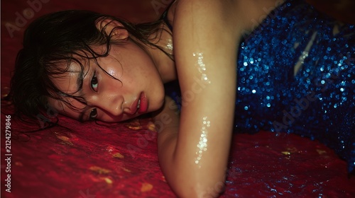Woman wearing blue sequin dress lies on red.