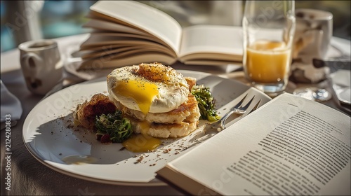 Breakfast plate features a poached egg meal.