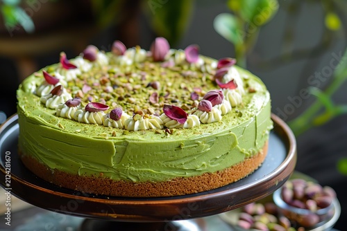 Round pistachio matcha cheesecake decorated with whipped cream, chopped pistachios, and rose petals, sitting on a wooden cake stand