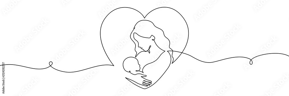 Fototapeta premium Single continuous outline captures nursing moment between mom and newborn. Minimalist sketch icon depicts maternal bond with elegant flowing contour for lactation awareness campaign or medical use.