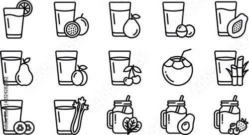 Set of Monoline Beverage Icons Featuring Fresh Fruit Drink Illustrations