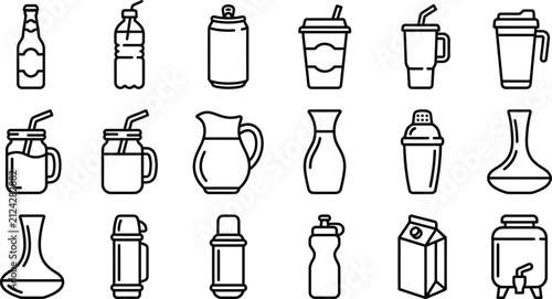 Set of diverse beverage contner icons in simple line style
