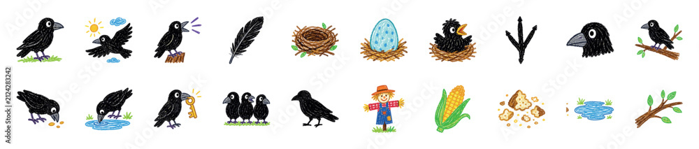 Naklejka premium Large set of cute crow illustrations in a crayon drawing style showing birds, nests, eggs, a scarecrow, and corn, representing the life and habits of the bird