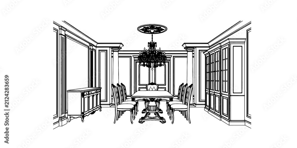 Obraz premium Classical dining room interior with chandelier and table sketch