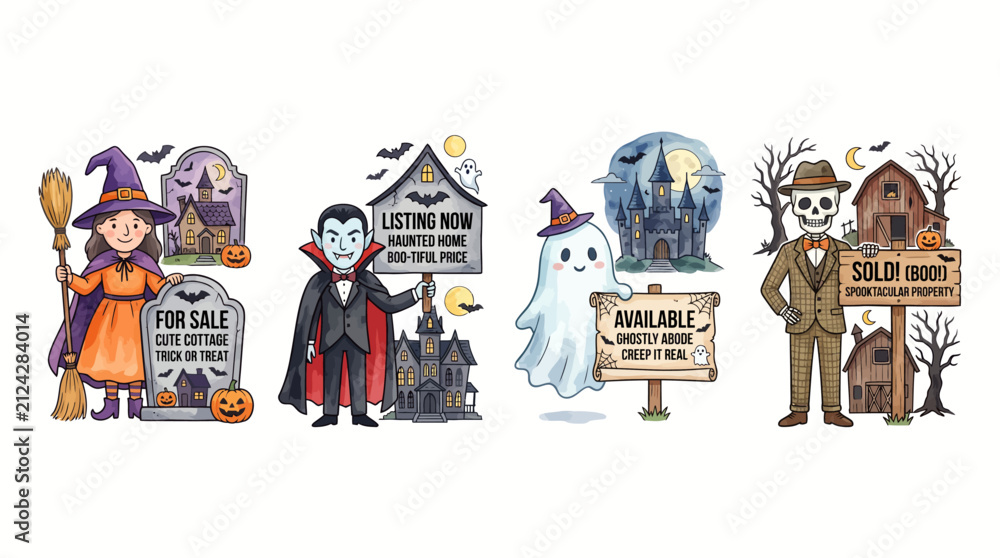 Naklejka premium Halloween Real estate agent with sign watercolor-look illustration