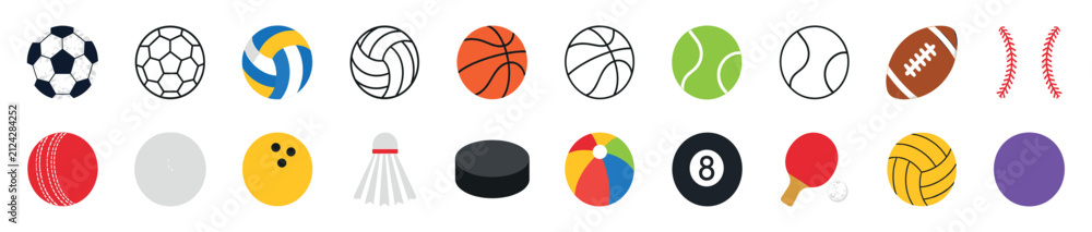Fototapeta premium Large collection of various sports equipment icons including balls for soccer, basketball, tennis, and volleyball, presented in both flat color and line art vector styles