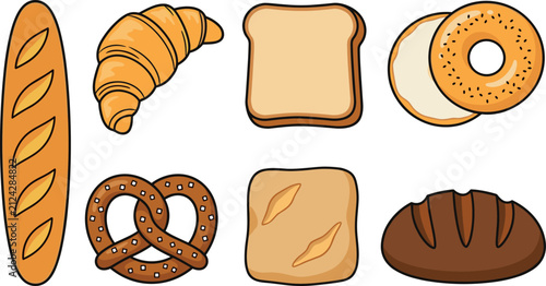 Fresh Bakery and Bread Icon Vector Set Featuring French Baguette, Croissant, Toast, Bagel, Pretzel, and Rye Loaf Illustrations for Café Menu Designs