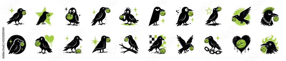 Naklejka premium Set of black crow illustrations holding green walnuts in a quirky punk graphic style with grunge textures, featuring stars, hearts, and various fun character designs