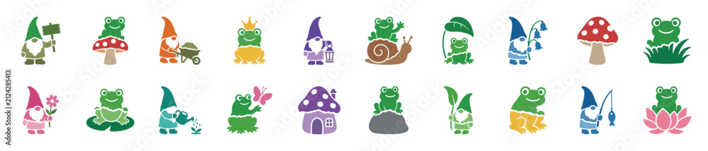 Obraz premium Colorful collection of garden gnome and frog silhouettes in various whimsical poses with fairytale elements like mushrooms, flowers, and snails for a cute design set