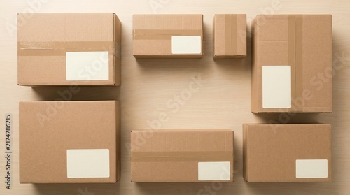 Flat lay composition of various brown shipping boxes on a light surface