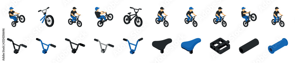 Fototapeta premium Set of isometric BMX bike illustrations showing a rider performing tricks and various individual bicycle parts like handlebars, saddles, pedals, and grips in a flat design style