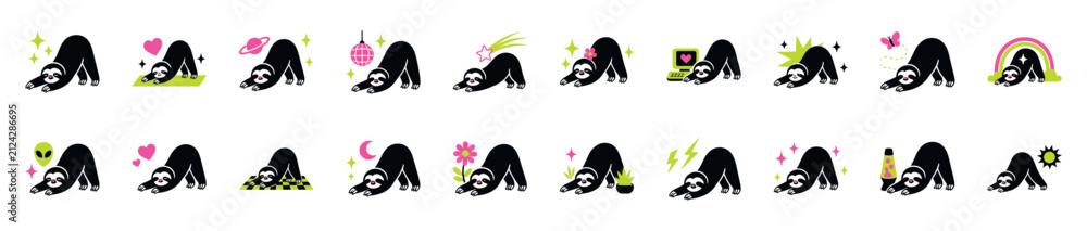 Fototapeta premium Set of cute black sloth character illustrations in a stretching yoga pose with various fun elements like hearts, planets, and disco balls in a flat graphic style