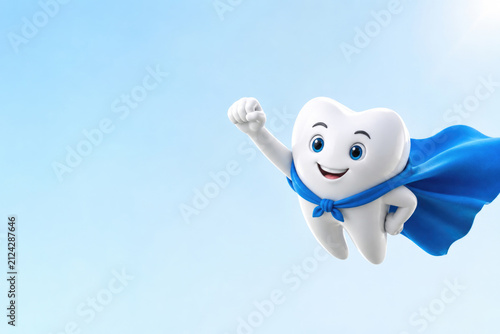 Smiling tooth superhero flies with blue cape. Space for text.