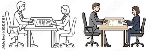 Business people having a meeting at a desk with documents in office setting