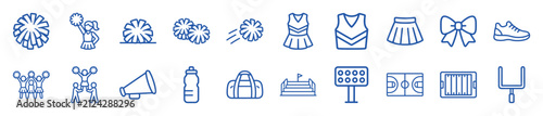 Set of blue line art icons for cheerleading and sports, featuring symbols like a pompom, uniform, megaphone, scoreboard, basketball court, and football field