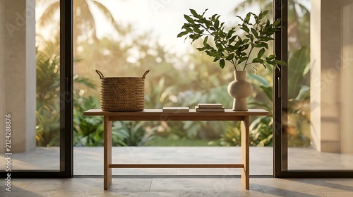 Minimalist wooden console table with woven basket and decorative vase before lush tropical garden view with filled greenery against sunlit garden backdrop