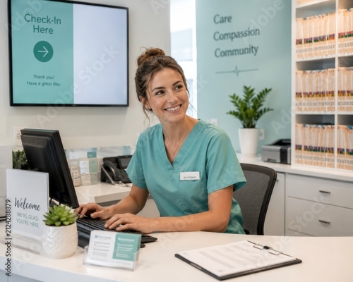 Friendly Female Receptionist at Medical Clinic Front Desk