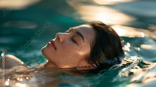 Side-angle view of a faceless woman blissfully floating, water gently rippling, warm sunlight highlighting her face and shoulders, turquoise gradient fading into deeper hues, with
