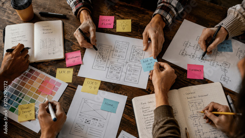 Top Down View of Creative Team Sketches and Wireframes Overhead