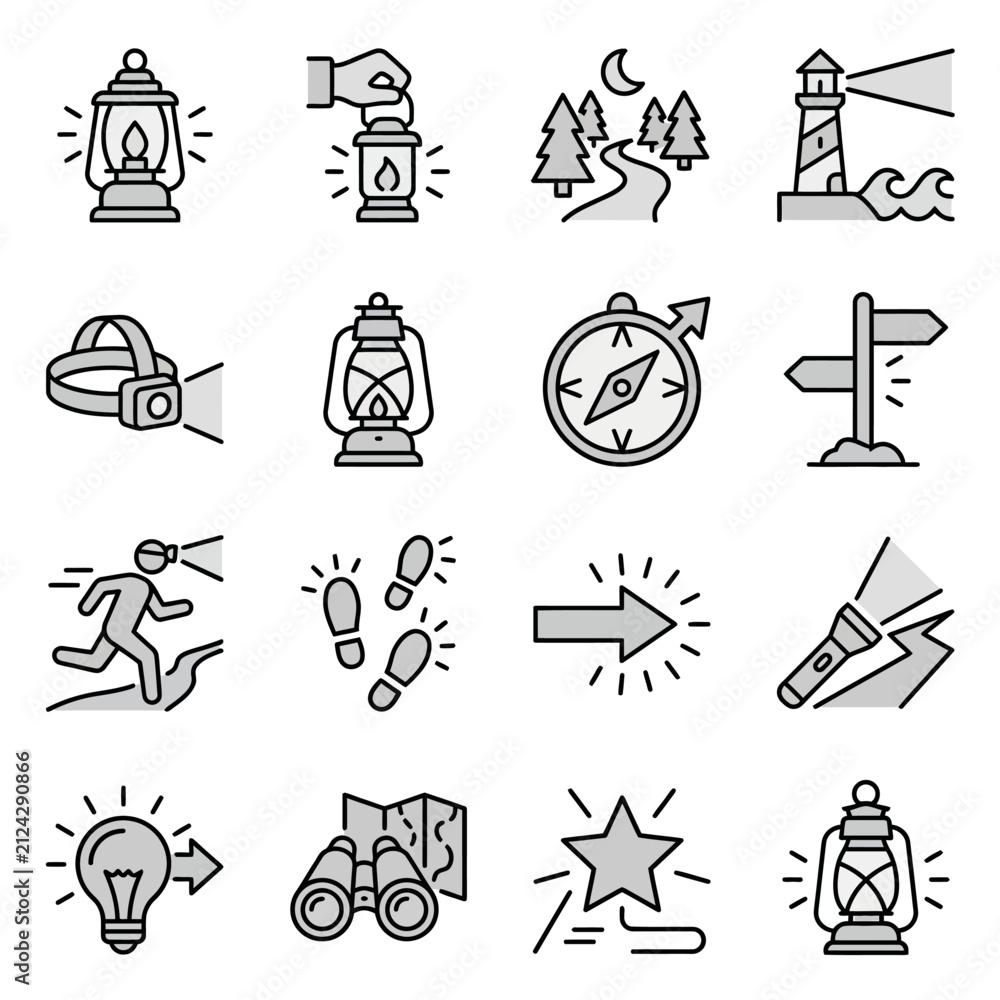 Fototapeta premium Camping, navigation, and outdoor exploration equipment icons.