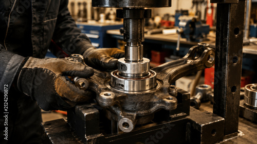 Mechanic Using Hydraulic Press for Wheel Bearing Installation in Automotive Workshop