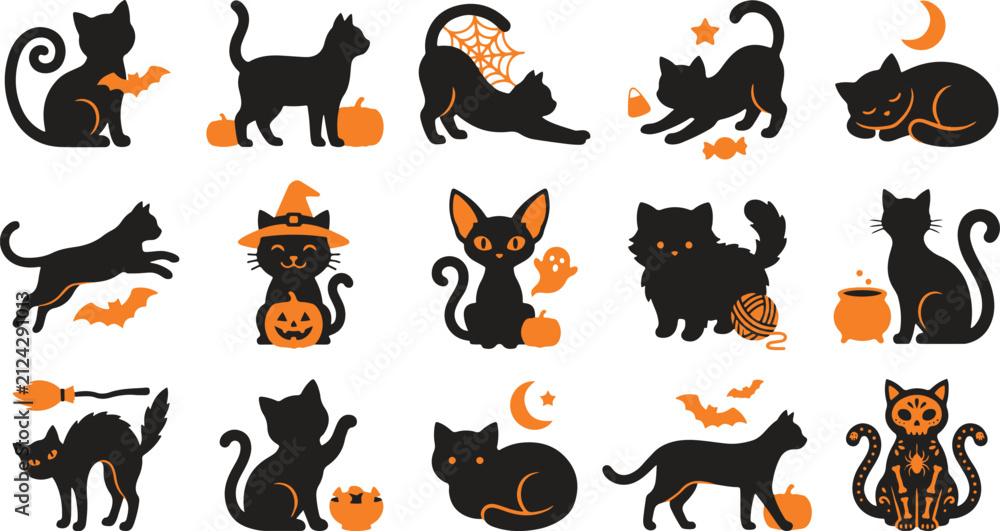 Obraz premium Set of cute black cat stickers for halloween celebration featuring various poses and festive autumn elements