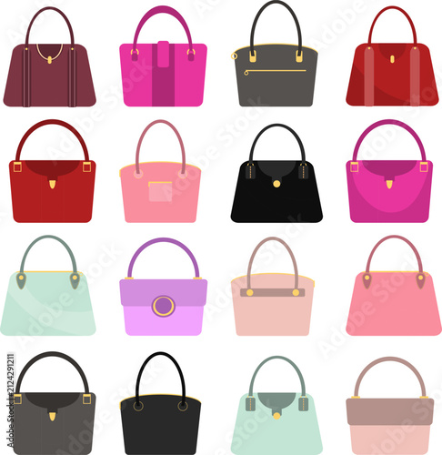 Set of fashion women handbags and purses collection isolated on white background flat vector illustration
