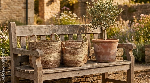 Woven seagrass storage baskets and potted olive tree sitting upon weathered wooden garden bench seat with displays collection textured resting rustic wooden